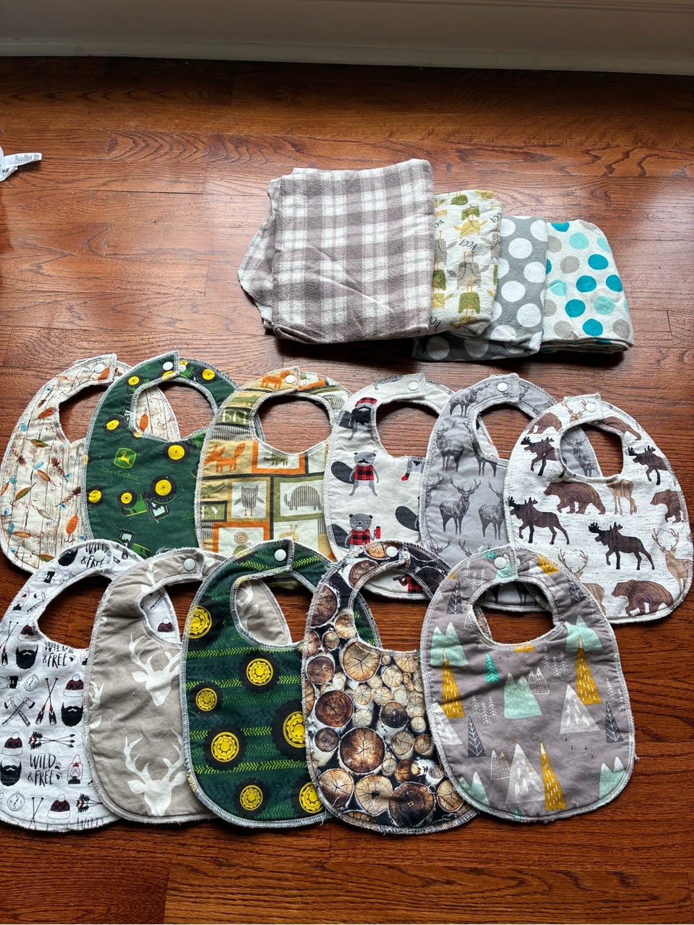 Lot of 11 Bibs & 4 Flannel Receiving Blankets Handmade John Deere Hunting Boy